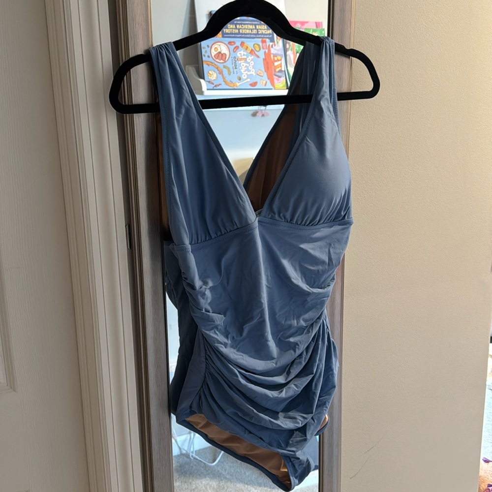 J. Crew Blue One-Piece Swimsuit with V-Neck and Ruching